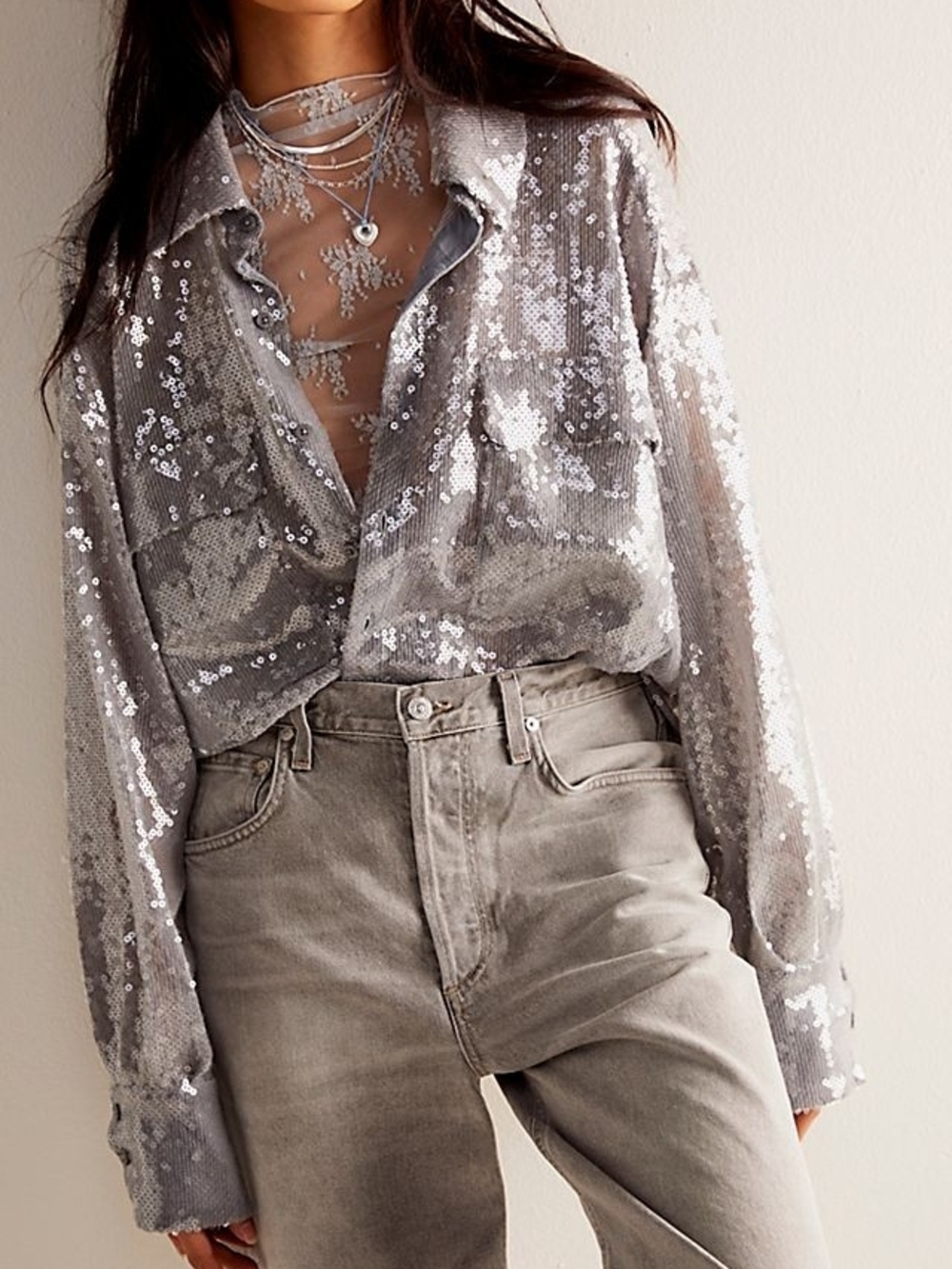 Free People Disco Margahrita Silver Sequin Button-Down Blouse